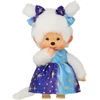 Sekiguchi 221240 Originalus Monchhichi mergaitė su žvaigždžių šviesos suknele, apie 20 cm minkštas žaislas pagamintas iš rudo pliušo