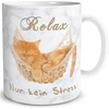 Triosk puodelis katė relax no stress su posakiu juokingas katės motyvas dovana poilsiui atsipalaidavimui kačių mylėtojams moterims draugei keramikinis 300 ml