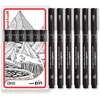 Uni Pin Fineliner braižymo rašikliai su plokščiu galiuku, juodas rašalas, 1,0 mm galiukas, 6 vnt., supakuoti į dovanų dėžutę