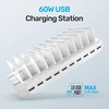 Unitek 60 W mobiliųjų telefonų įkrovimo stotelė su 10 prievadų, Usb įkrovimo stotelė keliems įrenginiams su Smartic technologija ir reguliuojamu skyriklis planšetiniams kompiuteriams ir kitiems Usb įrenginiams
