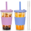 Zgoec 500 ml Bubble Tea puodelis su dangteliu ir šiaudeliu, 2 vienetai daugkartinio naudojimo plastikiniai puodeliai, kokteilių puodeliai, gėrimo puodelis su šiaudeliu, dvigubų sienelių izoliuotas, nepralaidus gėrimų puodelis arbatai, šaltai kavai, šviesi