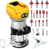 Akumuliatorinis frezeris, suderinamas su Dewalt 20 V akumuliatoriumi, 1300 W bešepetėlinis kraštų pjoviklis su 6 greičiais, tiesus kreiptuvas, kreipiamasis ratukas, 15 frezų ir dulkių kanalas, akumuliatorinis medienos pjoviklis (be akumuliatoriaus)