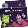 Astronautas • Kosmosas • Ateivis - kvietimai vaikams su raketa kosmose | Gimtadienis ir vakarėlis | Kvietimai vaikų gimtadieniams berniukams | 12 kortelių + 12 atspausdintų vokų