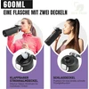 Gertuvė Hydraglazic 600 ml stiklinis gėrimo butelis su šiaudeliu, stiklinis butelis su neslystančiu silikoniniu dangteliu, plati anga, nepralaidus vandeniui ir kavai, be Bpa, juodas
