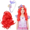 Hifot 2 dalių cosplay perukas raudonas undinėlės perukas moterims su kriauklės undinėlės galvos apdangalu mergaitėms ariel perukas ilgi garbanos vaikams Helovino karnavalo gimtadienio puošnus kostiumas
