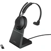 Jabra Evolve2 65 belaidės kompiuterio ausinės su įkrovimo stovu, triukšmo slopinimu, uc sertifikuotos mono ausinės su ilgai veikiančia baterija, usb-a bluetooth adapteris, juodos spalvos