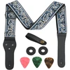 Rapidbok gitaros dirželis, 5 cm pločio, reguliuojamo ilgio, medvilninis gitaros dirželis su natūralios odos galais, gitaros dirželis su 1 dirželio sagomis, 2 dirželio užraktais, 3 plektrais gitarai, akustinei gitarai ir bosinei gitarai, juodas