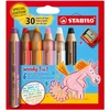 Stabilo - spalvinimo pieštukas, akvarelė ir vaško kreidelė - Woody 3 in 1 - Birthday Edition - Unicorn - 6 vnt. pakuotė su drožtuku - 6 spalvos