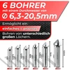 Woltersberger® 6 dalių Tin padengtų įgilinimo grąžtų rinkinys 90° skersmuo 6,3–20,5 mm – aštrus, tikslus įgilinimas ir atplaišų pašalinimas medienai, metalui, plastikui – įgilinimo grąžtas praktiškoje laikymo dėžutėje