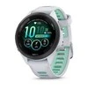 Išmanusis laikrodis Garmin Forerunner 265S. Juodas apvadas su baltojo akmens spalvos korpusu ir baltojo akmens bei žalsvos spalvos silikoniniu dirželiu