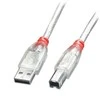 USB Kabelis - LINDY USB 2.0 Type A į B Laidas, M/M, Didelis/Vidutinis/Mažas Greitis, 2 m, Skaidrus