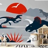Fototapetai - Paskutiniai dinozaurai raudoname abstrakčiame peizaže