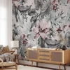 Fototapetai - Retro stiliaus gamta pilkų tonų peizažas su lapais