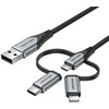 „Vention“ USB 2.0 A tipo kištukas į 3 viename „Micro-B“, USB-C ir „Lightning“ tipo kištuką, 1 m, pilkas, aliuminio lydinio tipas