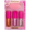Revolution Make Up Makeup Revolution London Kiss &amp; Go Lip Oil Set Lip Oil rinkinys moterims (Lip Oil Honey 4,5 ml+ Lip Oil Peach Rožinė 4,5 ml+ Lip Oil Watermelon 4,5 ml + Lūpų pilingas )