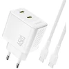 Dudao A28PCEU PD 45W GaN 2xUSB-C sieninis įkroviklis su USB-C laidu – baltas