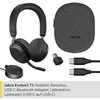 JABRA Evolve2 75 Ausinės on-ear Bluetooth belaidės aktyvus triukšmo slopinimas USB-C noise isolating juodas su charging stand MS Te