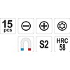 YATO SUKTUČIŲ RINKINYS 15vnt. FLAT / CROSS / TORX, S2 58 HRC 25981