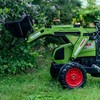 Pedalinis traktorius FALK CLAAS su kaušu ir priekaba žalias