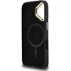Guess PU 4G Strass Triangle Logo Stand Camera Frame MagSafe dėklas skirtas Apple iPhone 16 juodos spalvos