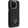 Guess PU 4G Strass Triangle Logo Stand Camera Frame MagSafe dėklas skirtas Apple iPhone 15 Pro Max juodos spalvos