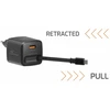 Swissten SlideCHARGE Power Charger GaN 30W USB-A 18W With retractable USB-C cable 0.75m juodas