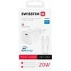 SWISSTEN Tinklo adapteris GaN USB-C + duomenų kabelis USB-C - USB-C 20W 1,2 m baltas