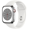 Išmanusis laikrodis „Apple Watch 8 GPS + Cellular“ 41 mm nerūdijančio plieno sportinis dirželis, sidabrinis/baltas (MNJ53EL/A)