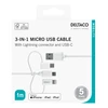Kabelis DELTACO USB-C / Micro USB / Lightning į USB-A, 1m, Apple C189 chipsetm FSC ženklinta pakuotė, baltas / IPLH-441