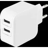 DELTACO USB sieninis įkroviklis, 2x USB-A 2,4 A, iš viso 24 W, baltas USB-AC175