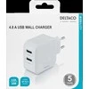 DELTACO USB sieninis įkroviklis, 2x USB-A 2,4 A, iš viso 24 W, baltas USB-AC175