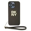 DKNY PU Leather Stack Logo Wrist Strap dėklas telefonui Apple iPhone 15 Pro rudos spalvos