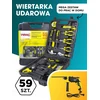59 dalių įrankių rinkinys (750 W smūginis gręžtuvas, grąžtai, antgaliai, replės, atsuktuvai, plaktukas) dėkle