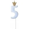 PartyDeco Žvakutė Skaičius su karūna, žydra 9,5cm, Skaičius: 5