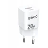BWOO CDA156 PD sieninis įkroviklis 1x USB-C 1x USB 20W baltas