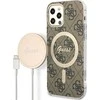 Guess Rinkinys GUBPP12MH4EACSW Dėklas+ Įkroviklis Apple iPhone 12/12 Pro rudos spalvos kietas dėklas 4G Print MagSafe