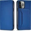 Hurtel Magnet Card Apple iPhone 14 Pro Max atverčiamas su stoveliu dėklas telefonui mėlynos spalvos