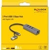 DeLOCK 3 prievadų USB 5 Gbps šakotuvas + Gigabit LAN su USB Type-C, prijungimo stotis (pilka)