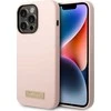 Guess telefono dėklas iPhone 14 Pro Max 6,7 GUHMP14XSBPLP rožinė hard telefono dėklas Liquid Silikoninis Logo Plate MagSafe