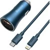 Automobilinis įkroviklis Baseus Golden Contactor Pro, USB + USB-C, QC4.0 +, PD, SCP, 40W (mėlynas) + USB-C - žaibo laidas 1m (mėlynas)