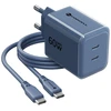 Telefono įkroviklis Forcell F-Energy GaN III Crystal Color 2x USB C AVS SSFC3.0 60W + silikoninis laidas USB C į USB C VT-60 tamsi mėlynas