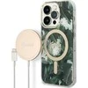 Guess set telefono dėklas + pakrovėjas iPhone 14 Pro Max 6,7 GUBPP14XHJEACSA žalias hard telefono dėklas Jungle MagSafe