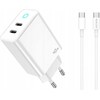 JELLICO sieninis įkroviklis EU19 GaN PD 40W 2xUSB-C + laidas USB-C - USB-C Baltas