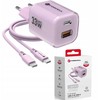 Phone charger Forcell F-Energy GaN III Crystal Color USB C + USB A QC4.0 PD 33W + silicone cable USB C to USB C VT-41 violetinė 0INT