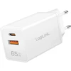 Įkroviklis LogiLink Įkroviklis jungiama į tinklą LogiLink PA0371 USB GaN, 65 W, 1x USB-C (PD), 1x USB-A (QC), balta