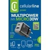Cellular Line Cellularline Multipower Micro GaN - USB-C &amp; USB-A Power Delivery 30W mains įkroviklis juodos spalvos
