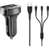 Automobilinis įkroviklis (2xUSB) su Type-C, Lightning, Micro USB laidu, USAMS, 2.1A, juodas