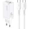 USAMS Tinklo įkroviklis MT 2xUSB-C+USB GaN 65W T33 PD + kabelis USB-C-USB-C 100W Fast Charging baltos spalvos MTXLOGTC02