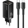 USAMS Tinklo įkroviklis MT 2xUSB-C+USB GaN 65W T33 PD + kabelis USB-C-Lightning 30W Fast Charging juodos spalvos MTXLOGTL01