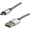 Logotipas USB kabelis (2.0), USB A M - microUSB (M), 2m, 480 Mb/s, 5V/1A, sidabrinė, dėžutė, nailono pynė, aliuminio jungties dangtelis